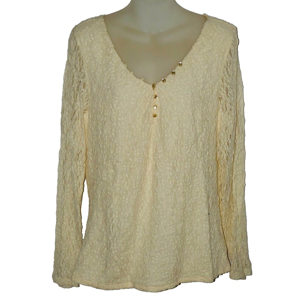 Alfani Cream Ivory Lace Buttons Long Sleeve Top Size XL